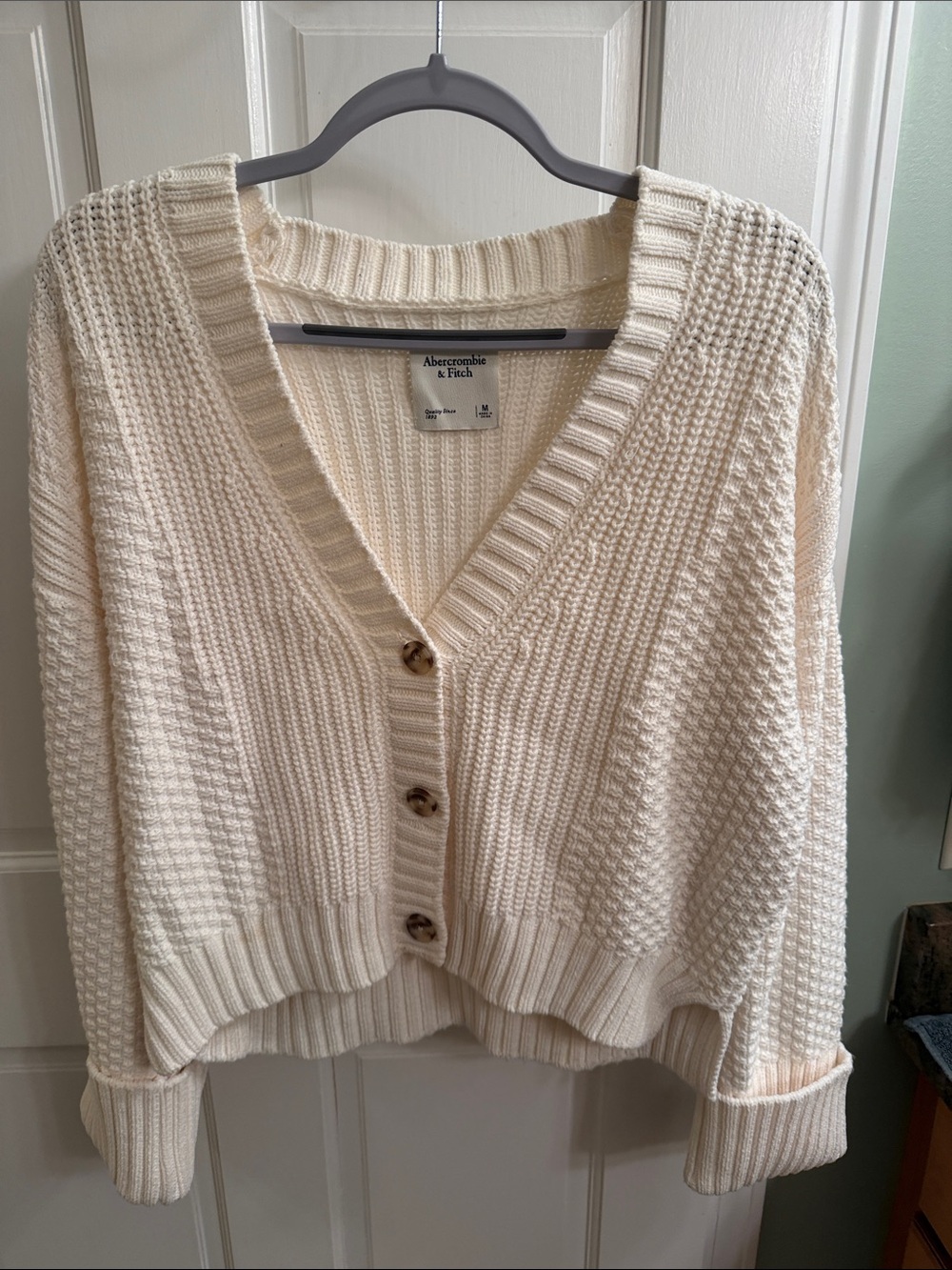 Abercrombie & Fitch Cream Button-Front V-Neck Knit Cardigan